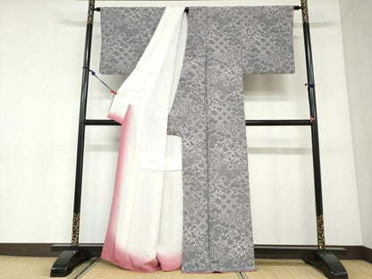 平和屋着物●上質な小紋　型染め　切嵌草花文　鬼しぼ縮緬　正絹　逸品　DABC2898ud