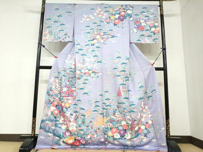 平和屋着物●訪問着　友禅　渡橋風景草花文　ロング丈　正絹　逸品　DABC2899ud