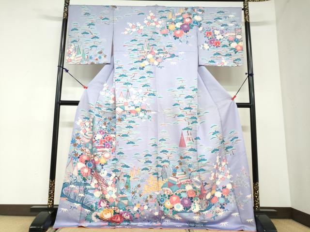 平和屋着物●訪問着　友禅　渡橋風景草花文　ロング丈　正絹　逸品　DABC2899ud