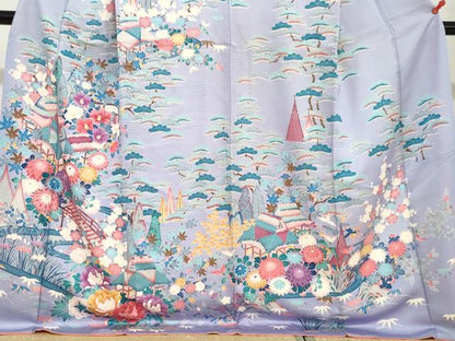 平和屋着物●訪問着　友禅　渡橋風景草花文　ロング丈　正絹　逸品　DABC2899ud