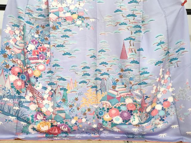 平和屋着物●訪問着　友禅　渡橋風景草花文　ロング丈　正絹　逸品　DABC2899ud