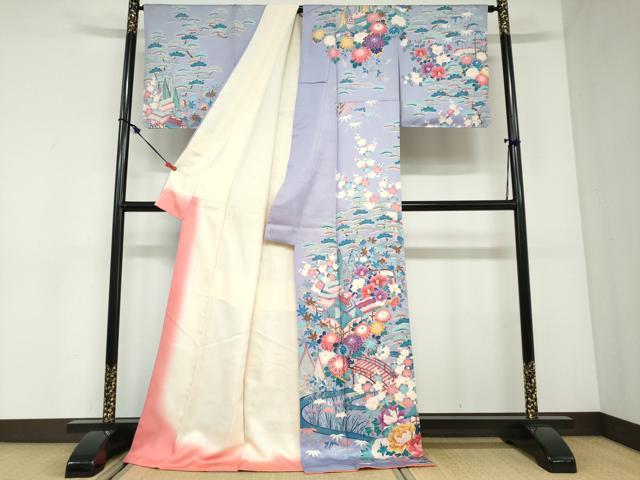 平和屋着物●訪問着　友禅　渡橋風景草花文　ロング丈　正絹　逸品　DABC2899ud