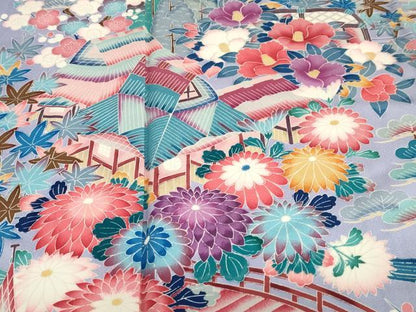 平和屋着物●訪問着　友禅　渡橋風景草花文　ロング丈　正絹　逸品　DABC2899ud
