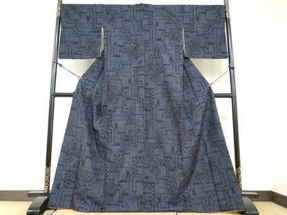 平和屋着物●結城紬　80亀甲　変わり格子草花文　正絹　逸品　DABC2903ud