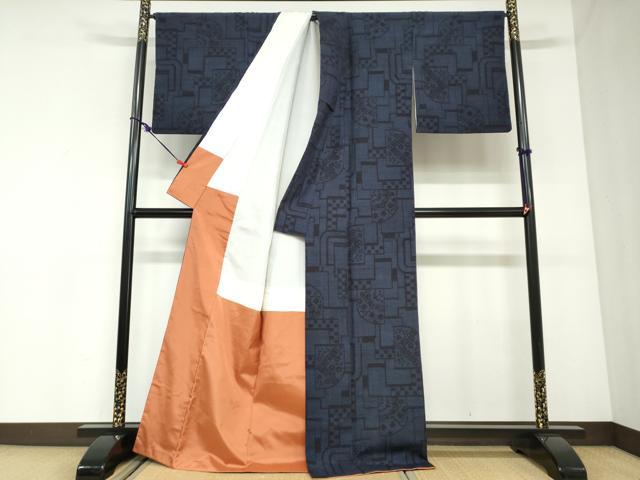 平和屋着物●結城紬　80亀甲　変わり格子草花文　正絹　逸品　DABC2903ud