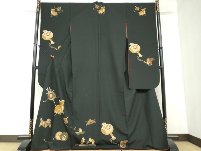 平和屋着物●豪華振袖　玩具文　黒地　洗える着物　DABC2904ud