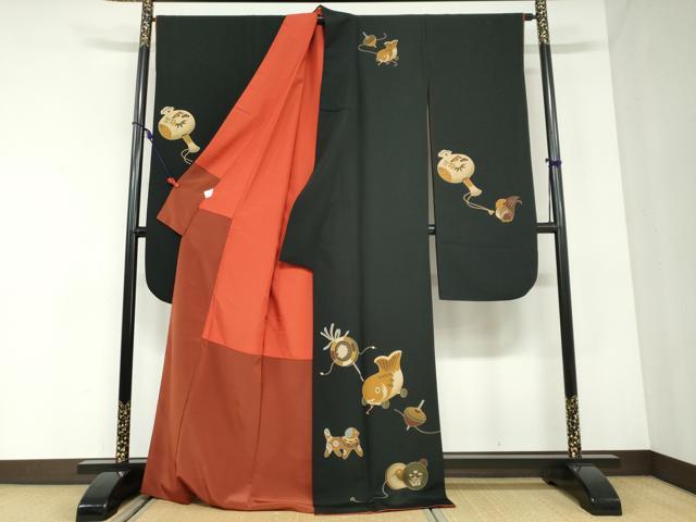 平和屋着物●豪華振袖　玩具文　黒地　洗える着物　DABC2904ud