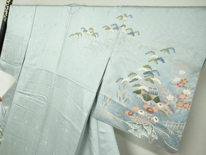 平和屋着物●訪問着　流水風景草花文　金彩　正絹　逸品　DABC2905ud
