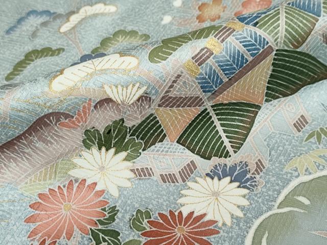 平和屋着物●訪問着　流水風景草花文　金彩　正絹　逸品　DABC2905ud