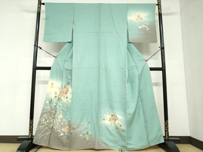 平和屋着物●岡田茂実　訪問着　花蝶文　暈し染め　金彩　反端付き　正絹　逸品　DABC2910ud