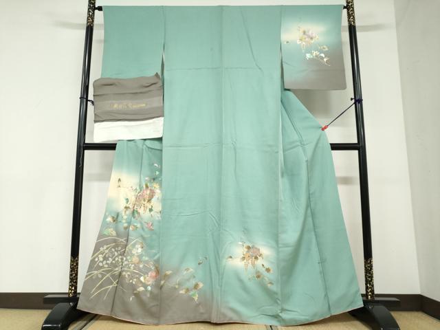 平和屋着物●岡田茂実　訪問着　花蝶文　暈し染め　金彩　反端付き　正絹　逸品　DABC2910ud