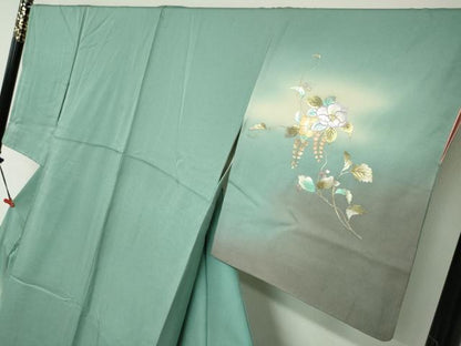 平和屋着物●岡田茂実　訪問着　花蝶文　暈し染め　金彩　反端付き　正絹　逸品　DABC2910ud