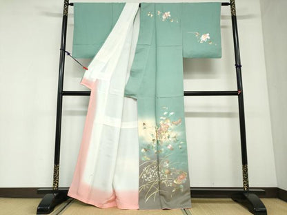 平和屋着物●岡田茂実　訪問着　花蝶文　暈し染め　金彩　反端付き　正絹　逸品　DABC2910ud