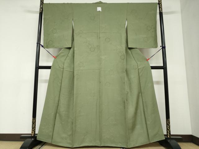 平和屋着物●上質な色無地　源氏車草花地紋　草色　正絹　逸品　DABC2911ud