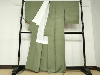 平和屋着物●上質な色無地　源氏車草花地紋　草色　正絹　逸品　DABC2911ud