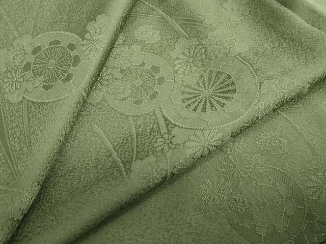 平和屋着物●上質な色無地　源氏車草花地紋　草色　正絹　逸品　DABC2911ud