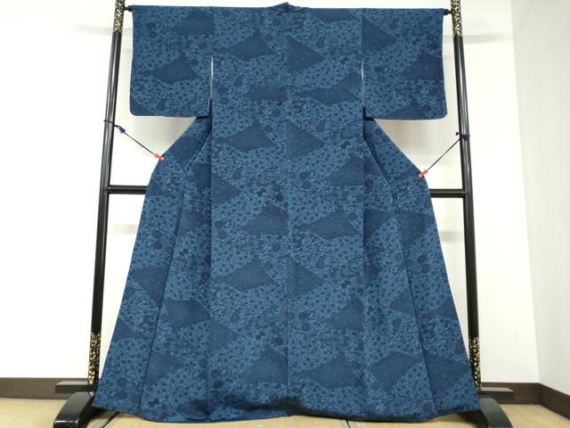 平和屋着物●本藍　型染め　小紋　切嵌草花文　鬼しぼ縮緬　正絹　逸品　DABC2912ud