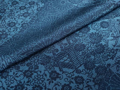 平和屋着物●本藍　型染め　小紋　切嵌草花文　鬼しぼ縮緬　正絹　逸品　DABC2912ud