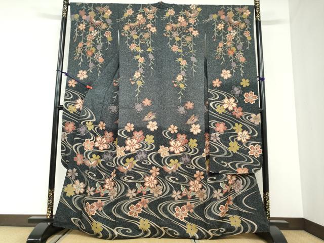 平和屋着物●豪華振袖　流水花蝶文　洗える着物　DABC2913ud