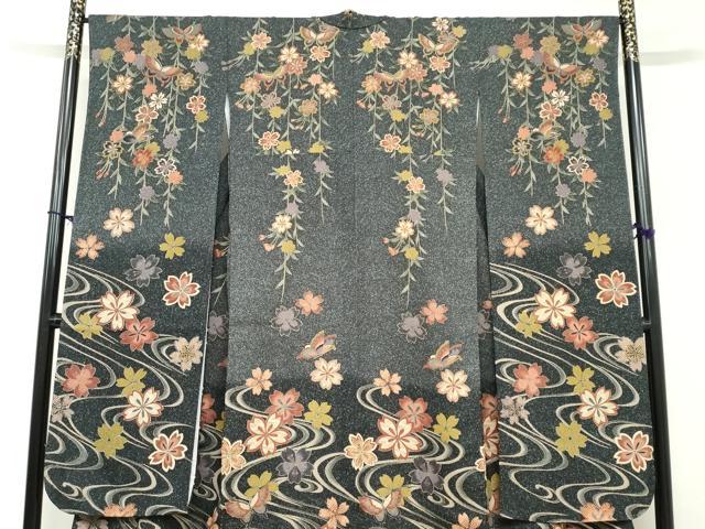 平和屋着物●豪華振袖　流水花蝶文　洗える着物　DABC2913ud