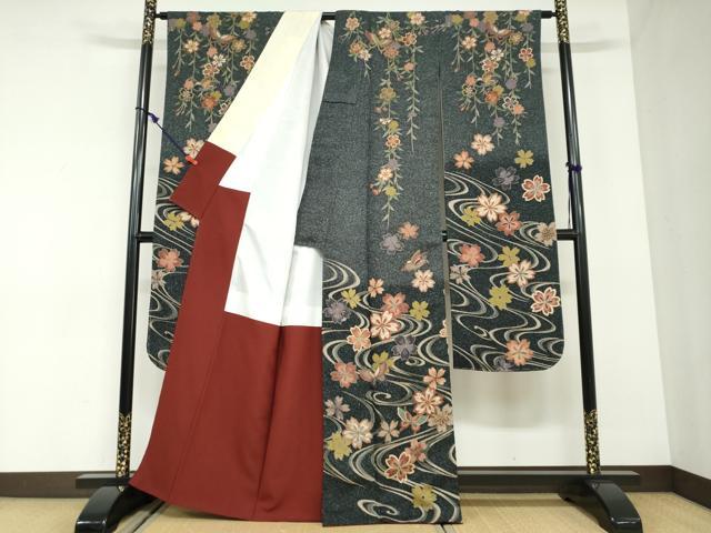 平和屋着物●豪華振袖　流水花蝶文　洗える着物　DABC2913ud