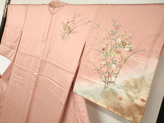 平和屋着物●訪問着　地紙草花文　暈し染め　金彩　正絹　逸品　DABC2916ud