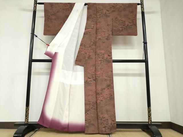 平和屋着物●人間国宝・南部芳松の息子 伝統工芸伝承者彫刻・南部幸雄 型染 小紋 風景草花文 鬼しぼ縮緬 証紙付き 正絹 逸品 DABC2918ud