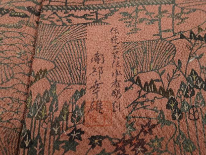 平和屋着物●人間国宝・南部芳松の息子 伝統工芸伝承者彫刻・南部幸雄 型染 小紋 風景草花文 鬼しぼ縮緬 証紙付き 正絹 逸品 DABC2918ud