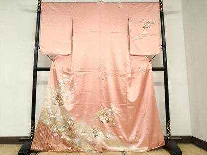 平和屋着物●訪問着　駒刺繍　扇面草花文　金銀彩　正絹　逸品　DABC2921ud