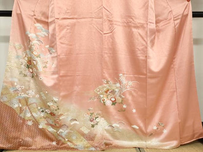 平和屋着物●訪問着　駒刺繍　扇面草花文　金銀彩　正絹　逸品　DABC2921ud