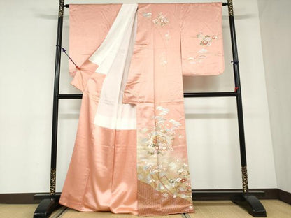 平和屋着物●訪問着　駒刺繍　扇面草花文　金銀彩　正絹　逸品　DABC2921ud
