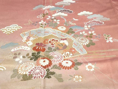 平和屋着物●訪問着　駒刺繍　扇面草花文　金銀彩　正絹　逸品　DABC2921ud