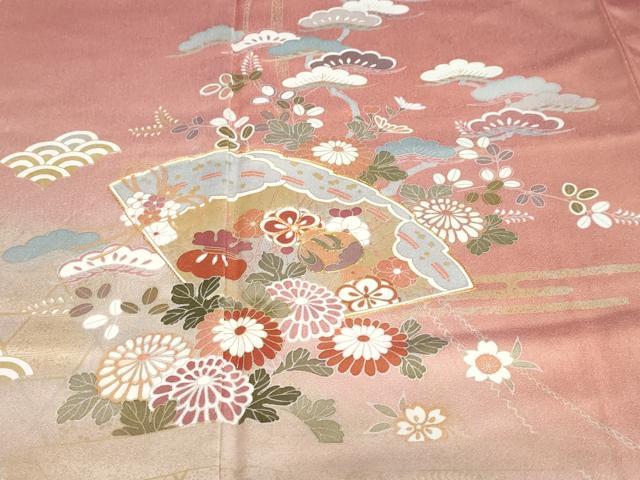 平和屋着物●訪問着　駒刺繍　扇面草花文　金銀彩　正絹　逸品　DABC2921ud