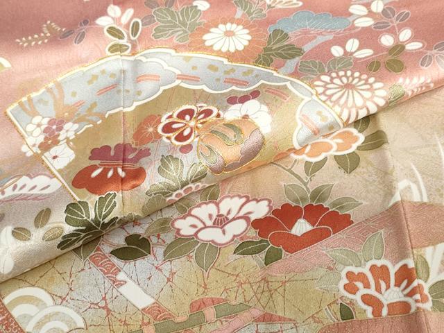 平和屋着物○訪問着 駒刺繍 扇面草花文 金銀彩 正絹 逸品 DABC2921ud