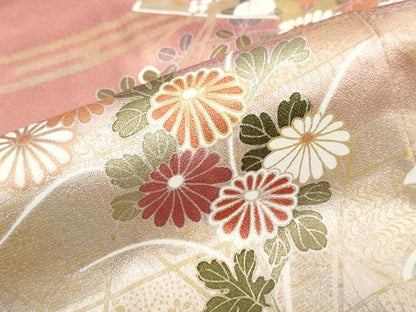 平和屋着物●訪問着　駒刺繍　扇面草花文　金銀彩　正絹　逸品　DABC2921ud
