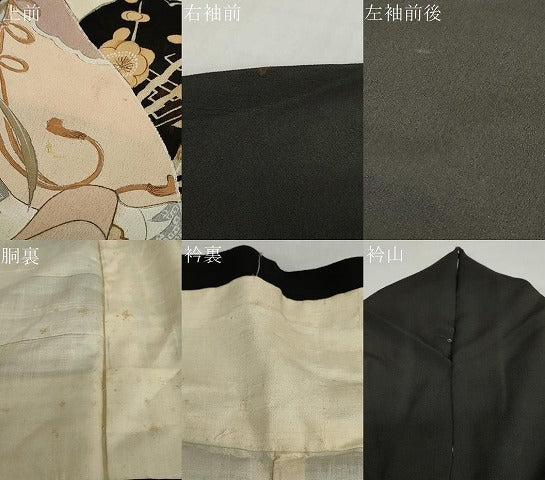 平和屋着物●アンティーク　大正ロマン　黒留袖　扇面草花文　正絹　逸品　DABC2924ud