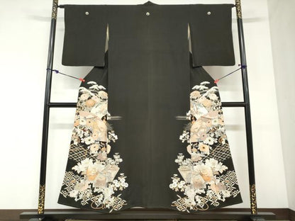平和屋着物●アンティーク　大正ロマン　黒留袖　扇面草花文　正絹　逸品　DABC2924ud