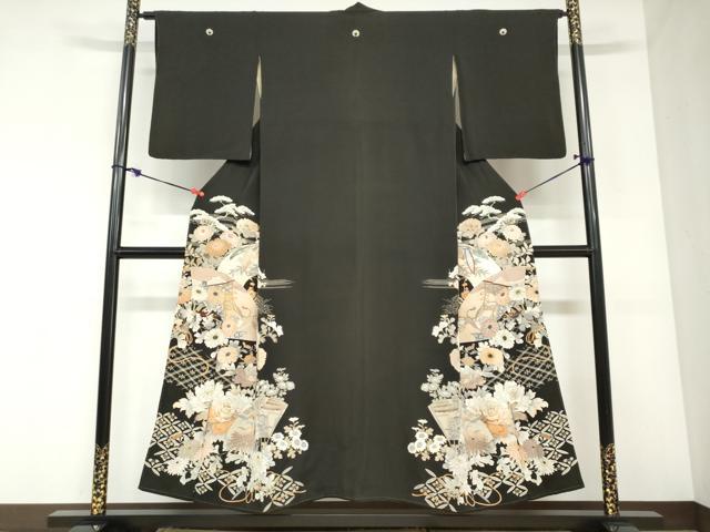 平和屋着物●アンティーク　大正ロマン　黒留袖　扇面草花文　正絹　逸品　DABC2924ud