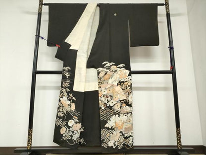 平和屋着物●アンティーク　大正ロマン　黒留袖　扇面草花文　正絹　逸品　DABC2924ud