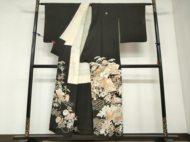 平和屋着物●アンティーク　大正ロマン　黒留袖　扇面草花文　正絹　逸品　DABC2924ud
