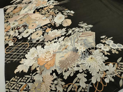 平和屋着物●アンティーク　大正ロマン　黒留袖　扇面草花文　正絹　逸品　DABC2924ud