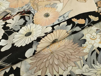 平和屋着物●アンティーク　大正ロマン　黒留袖　扇面草花文　正絹　逸品　DABC2924ud