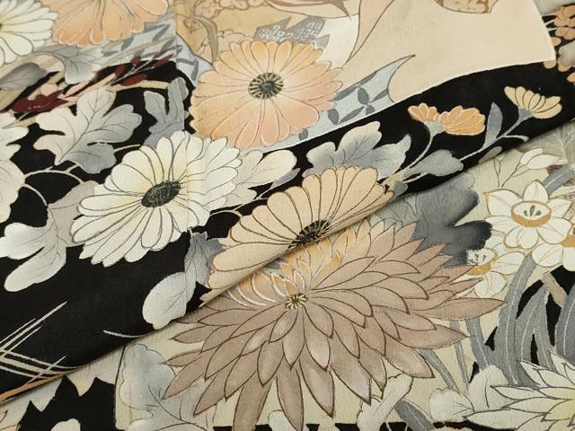 平和屋着物●アンティーク　大正ロマン　黒留袖　扇面草花文　正絹　逸品　DABC2924ud