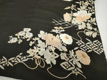 平和屋着物●アンティーク　大正ロマン　黒留袖　扇面草花文　正絹　逸品　DABC2924ud