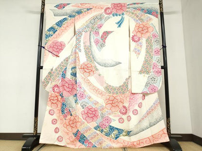 平和屋着物●名門　藤娘きぬたや・総絞り(杢目絞り)　振袖　熨斗吉祥草花文　正絹　逸品　DABC2926ud