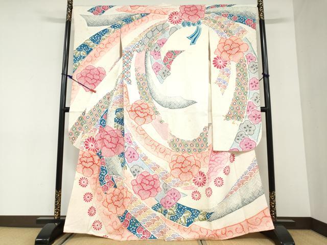 平和屋着物●名門　藤娘きぬたや・総絞り(杢目絞り)　振袖　熨斗吉祥草花文　正絹　逸品　DABC2926ud