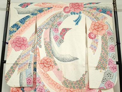 平和屋着物●名門　藤娘きぬたや・総絞り(杢目絞り)　振袖　熨斗吉祥草花文　正絹　逸品　DABC2926ud