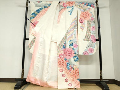 平和屋着物●名門　藤娘きぬたや・総絞り(杢目絞り)　振袖　熨斗吉祥草花文　正絹　逸品　DABC2926ud