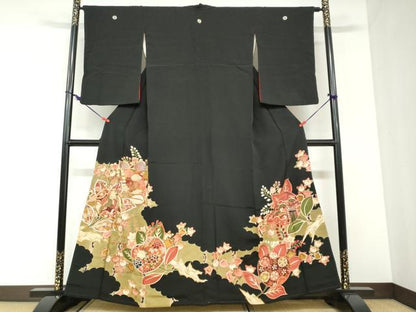 平和屋着物●アンティーク　大正ロマン　黒留袖　駒刺繍　飛鶴草花文　金銀糸　正絹　逸品　DABC2929ud