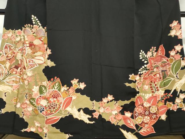 平和屋着物●アンティーク　大正ロマン　黒留袖　駒刺繍　飛鶴草花文　金銀糸　正絹　逸品　DABC2929ud